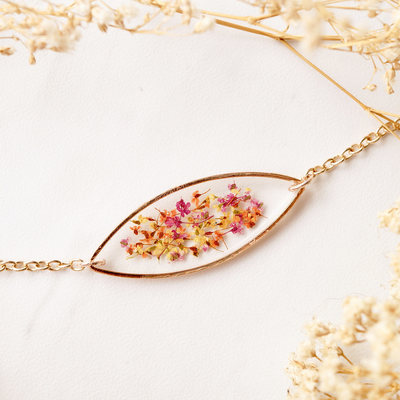 Real dried flowers and resin bracelet, rose gold in red orange yellow mix