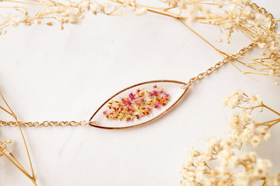 Real Dried Flowers and Resin Bracelet, Rose Gold in Red Orange Yellow Mix