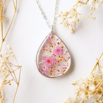 Real dried flowers and resin necklace, silver teardrop in pink orange and silver foil