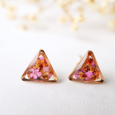 Real dried flowers and resin stud earrings in pink and orange mix with rose gold frame