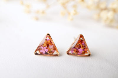 Real Dried Flowers and Resin Stud Earrings in Pink and Orange Mix with Rose Gold frame