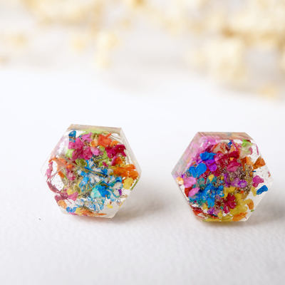 Real dried flowers and resin hexagon stud earrings in party mix