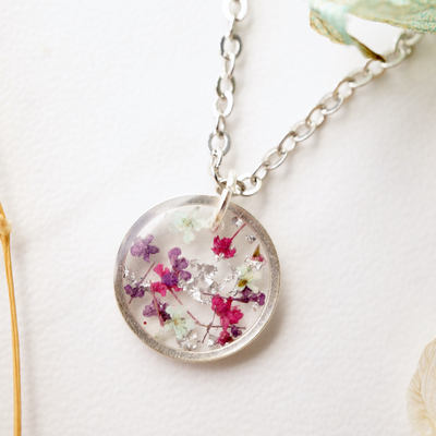 Real dried flowers in resin necklace, small silver circle in pink purple mint and silver foil