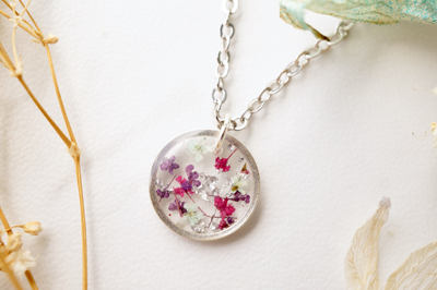 Real Dried Flowers in Resin Necklace, Small Silver Circle in Pink Purple Mint and Silver Foil