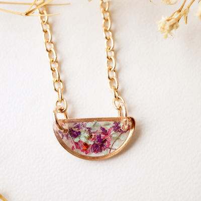 Real dried flowers in resin necklace, small rose gold half circle in purple pink mint