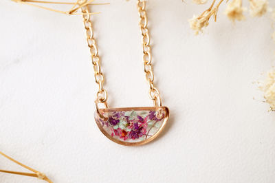 Real Dried Flowers in Resin Necklace, Small Rose Gold Half Circle in Purple Pink Mint