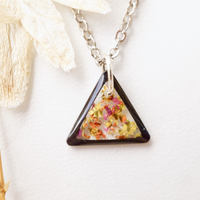 Real Dried Flowers in Resin Necklace, Small Black Triangle in Red Orange Yellow - Thumbnail 1