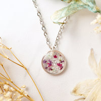 Real Dried Flowers in Resin Necklace, Small Silver Circle in Pink Purple Mint and Silver Foil - Thumbnail 1