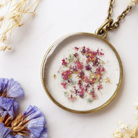 Real Dried Flowers in Resin, Circle Necklace in Pink Purple Mint Gold Flakes - Thumbnail 1