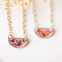 Real Dried Flowers in Resin Necklace, Small Rose Gold Half Circle in Purple Pink Mint - Thumbnail 1