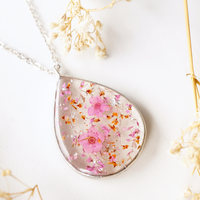 Real Dried Flowers and Resin Necklace, Silver Teardrop in Pink Orange and Silver Foil - Thumbnail 3