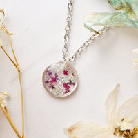 Real Dried Flowers in Resin Necklace, Small Silver Circle in Pink Purple Mint and Silver Foil - Thumbnail 2