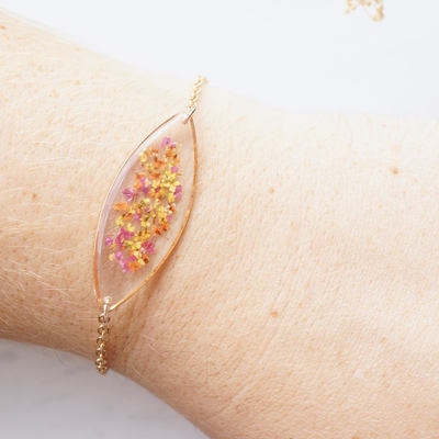 Real dried flowers and resin bracelet, rose gold in red orange yellow mix