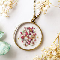Real Dried Flowers in Resin, Circle Necklace in Pink Purple Mint Gold Flakes - Thumbnail 2