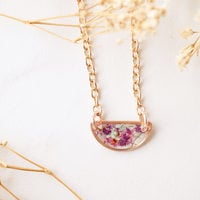 Real Dried Flowers in Resin Necklace, Small Rose Gold Half Circle in Purple Pink Mint - Thumbnail 2