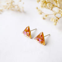 Real Dried Flowers and Resin Stud Earrings in Pink and Orange Mix with Rose Gold frame - Thumbnail 3