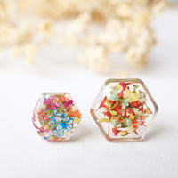 Real Dried Flowers and Resin Hexagon Stud Earrings in Party Mix - Thumbnail 3