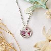 Real Dried Flowers in Resin Necklace, Small Silver Circle in Pink Purple Mint and Silver Foil - Thumbnail 3