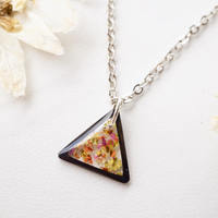 Real Dried Flowers in Resin Necklace, Small Black Triangle in Red Orange Yellow - Thumbnail 5