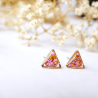Real Dried Flowers and Resin Stud Earrings in Pink and Orange Mix with Rose Gold frame - Thumbnail 4