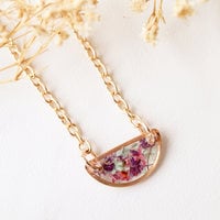 Real Dried Flowers in Resin Necklace, Small Rose Gold Half Circle in Purple Pink Mint - Thumbnail 3