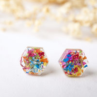 Real Dried Flowers and Resin Hexagon Stud Earrings in Party Mix - Thumbnail 5