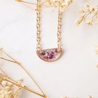 Real Dried Flowers in Resin Necklace, Small Rose Gold Half Circle in Purple Pink Mint - Thumbnail 4