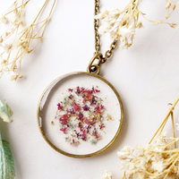 Real Dried Flowers in Resin, Circle Necklace in Pink Purple Mint Gold Flakes - Thumbnail 5