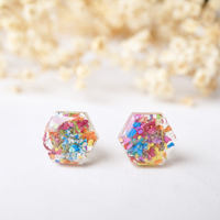 Real Dried Flowers and Resin Hexagon Stud Earrings in Party Mix - Thumbnail 6