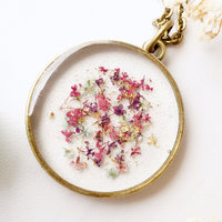 Real Dried Flowers in Resin, Circle Necklace in Pink Purple Mint Gold Flakes - Thumbnail 6