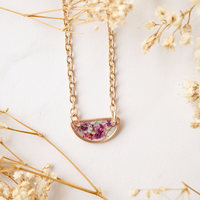 Real Dried Flowers in Resin Necklace, Small Rose Gold Half Circle in Purple Pink Mint - Thumbnail 5