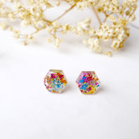 Real Dried Flowers and Resin Hexagon Stud Earrings in Party Mix - Thumbnail 9