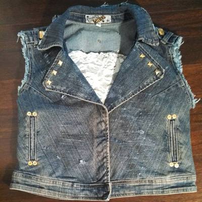 Distressed "Peek-a-Boo" White Lace Back Denim Vest - Size Large 