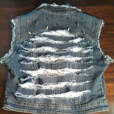 Distressed "peek-a-boo" white lace back denim vest - size large 