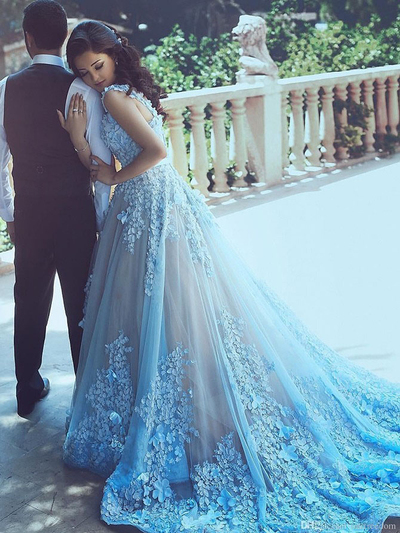 A-line prom dresses,Blue A-line Straps Floor-length Tulle Evening Dress Prom Dresses SKY290