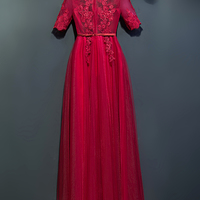 lace prom dresses,Red A-line Scoop Floor Length Tulle Evening Dress Prom Dresses SKY300 - Thumbnail 2