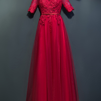 lace prom dresses,Red A-line Scoop Floor Length Tulle Evening Dress Prom Dresses SKY300 - Thumbnail 1