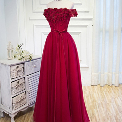 Long prom dresses,red a-line off-the-shoulder floor-length tulle prom dresses evening dresses sky301