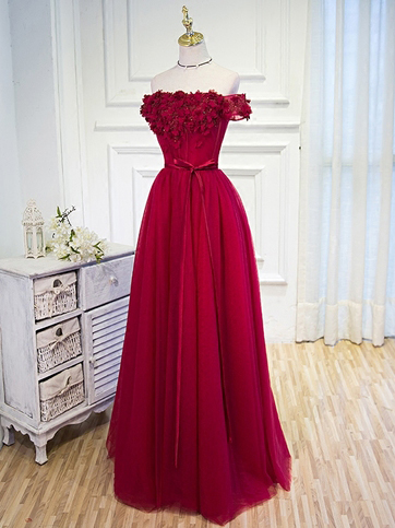 long prom dresses,Red A-line Off-the-shoulder Floor-length Tulle Prom Dresses Evening Dresses SKY301