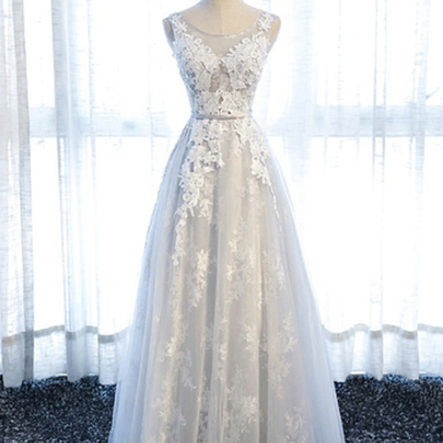 A-line prom dress，scoop floor-length tulle custom cheap evening dress 2017 sky309