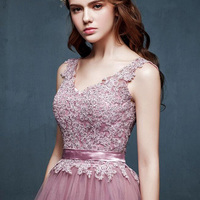 Long Prom Dress,A-line V-neck Floor-length Tulle Custom Evening Dress SKY297 - Thumbnail 1