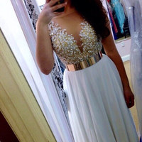 prom dresses long,White A-line Bateau Floor-length Chiffon Evening Dress Prom Dresses SKY244 - Thumbnail 1