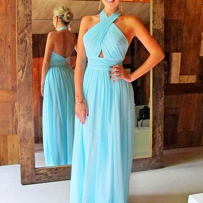Elegant backless halter chiffon blue long prom dresses evening dresses - Thumbnail 5