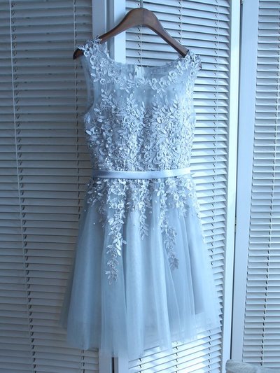 High Quality Blue Tulle Homecoming Dresses with Appliques Pearls Sash for Junior