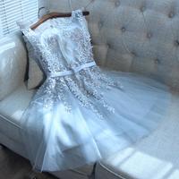 High Quality Blue Tulle Homecoming Dresses with Appliques Pearls Sash for Junior - Thumbnail 1