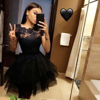 Stylish black round neck lace short prom dress,black homecoming dress, ball gown - Thumbnail 1