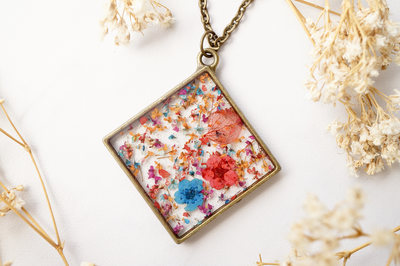 Real Pressed Flower and Resin Necklace in Red Pink Orange Blue Mix