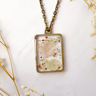 Real dried flowers in resin necklace, bronze square in pink mint and white