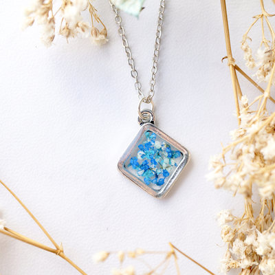 Real dried flowers and resin necklace, silver diamond in blue teal mint