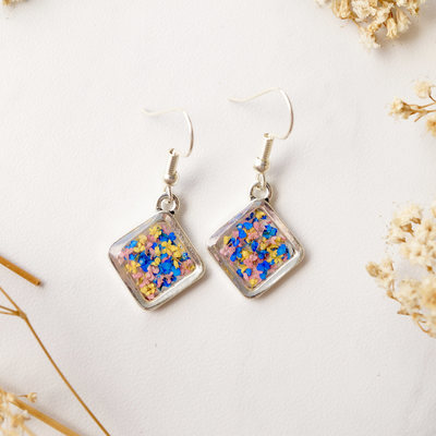 Real dried flowers and resin earrings, silver diamond drops in yellow blue pink
